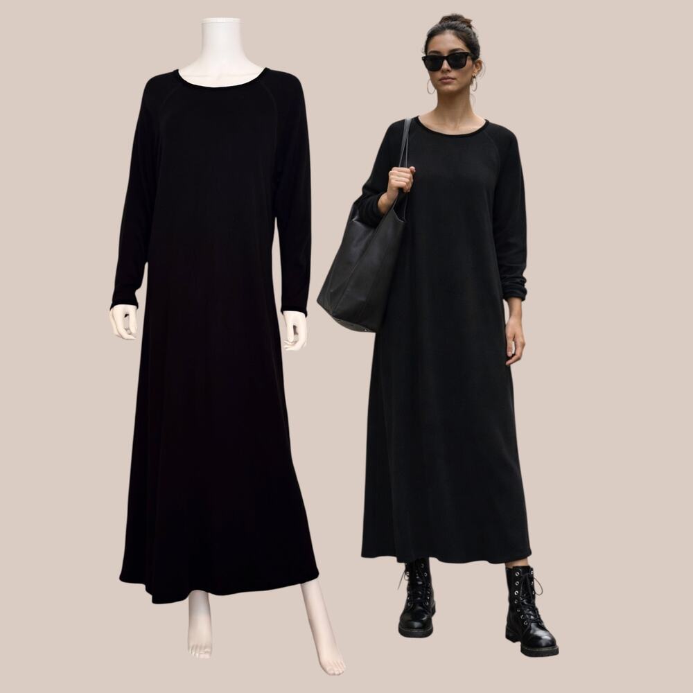 Black Minimalist Maxi Dress Soft Knit Raglan Sleeve Sweatshirt Size XL Oversized